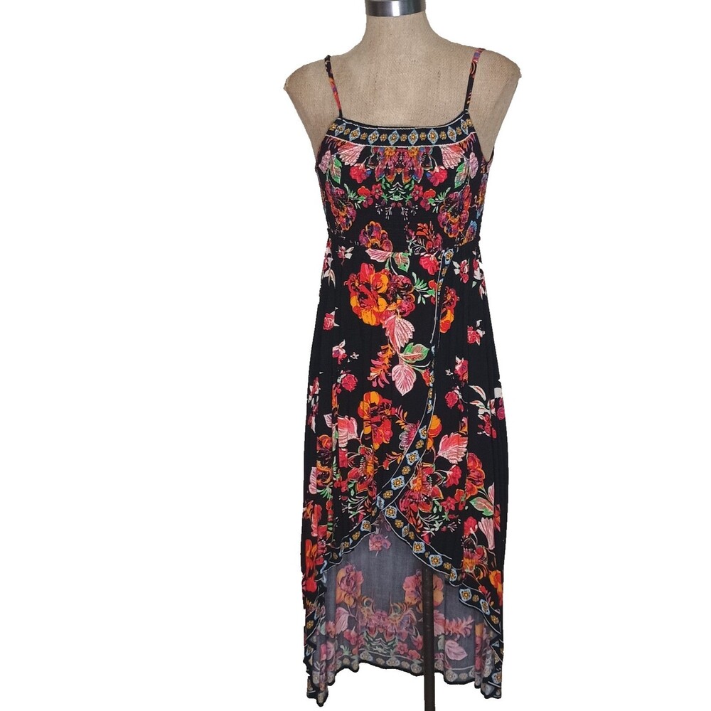 Lulus Hi-Low Dress Sz S Black Red Floral Ruffle Wrap Maxi  Spaghetti Straps